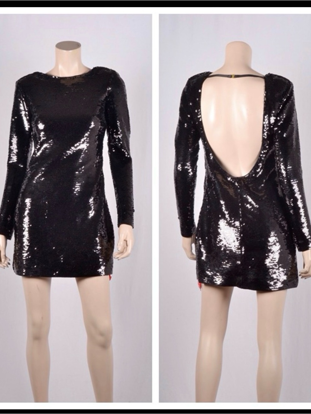 Frame Black Sequin Long-Sleeve Mini Dress with Open Back L